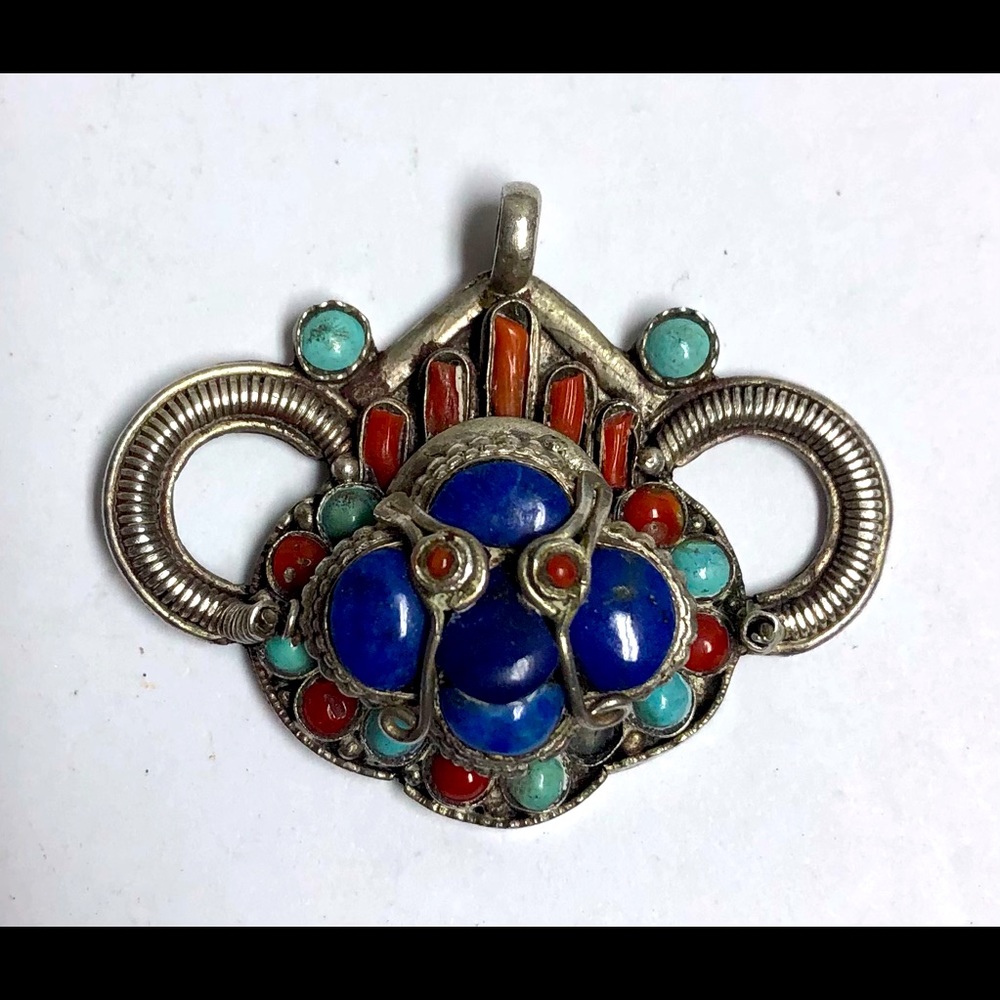Sterling Persian Lapis Coral Turquoise Pendant